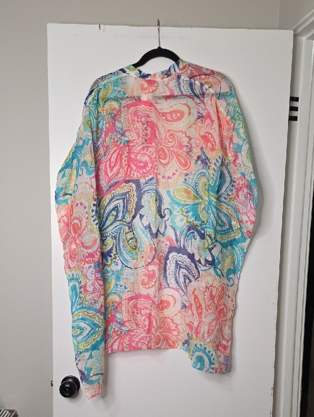 Chico's Multicolor Paisley Open-Front Kimono — Coral, Teal, Navy, Cream - Picture 5 of 5